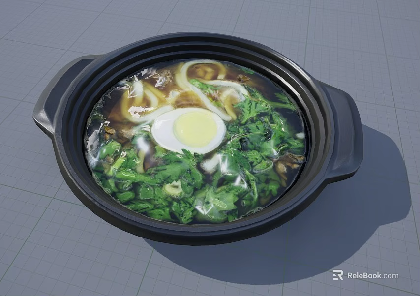 Delicious Clay Pot Noodle Soup With Soft Boiled Egg Fresh Green Vegetables And Rich Broth 3d model 