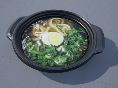 Delicious Clay Pot Noodle Soup With Soft Boiled Egg Fresh Green Vegetables And Rich Broth 3d model
