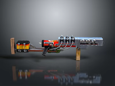 Detailed Mechanical Weapon View With Metal Pipes Wooden Base Red Yellow Parts 3d model
