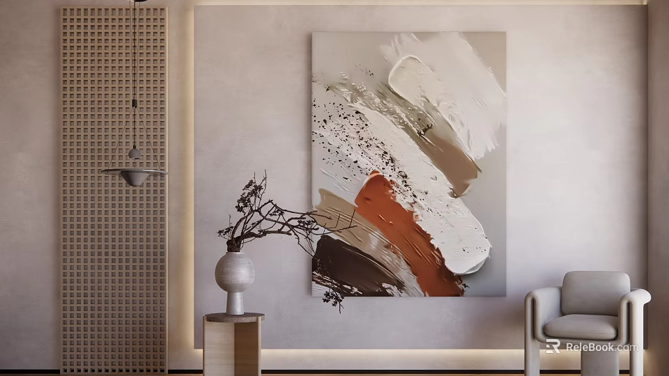 Abstract Oil Painting With White Gray Brown Orange Brushstrokes In Modern Living Room Decor 3d model 