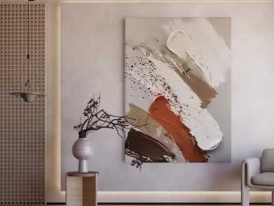 Abstract Oil Painting With White Gray Brown Orange Brushstrokes In Modern Living Room Decor 3d model