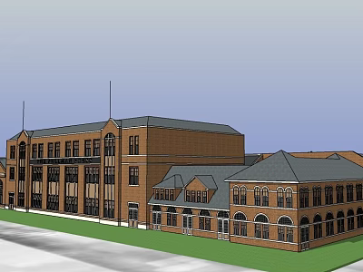 Historic Multi Story Red Brick Building With Arched Windows And Grey Roof 3d model