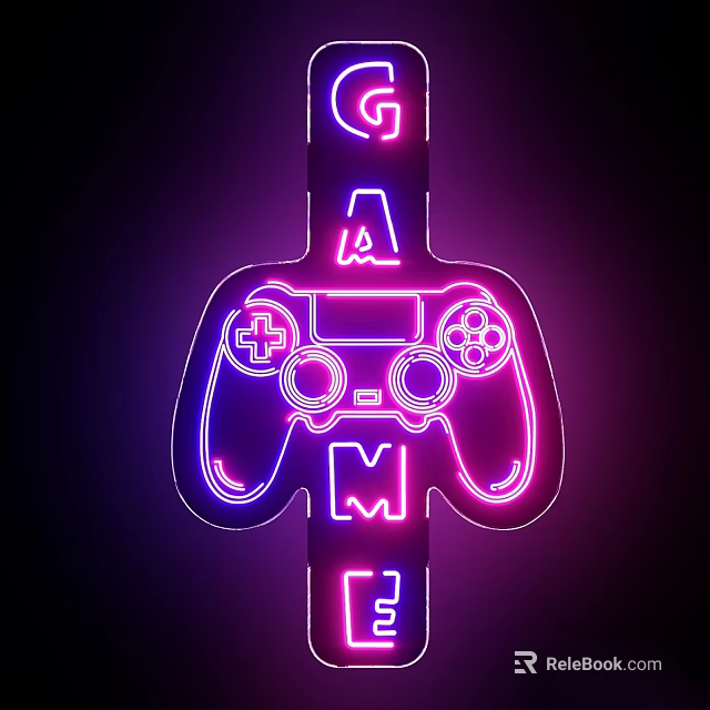 Purple and Pink Neon Decorative Lights in Game Controller Shape with GAME Text 3d model 