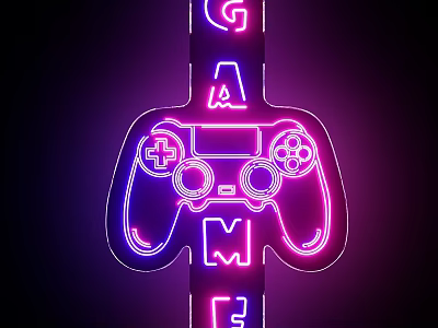 Purple and Pink Neon Decorative Lights in Game Controller Shape with GAME Text 3d model