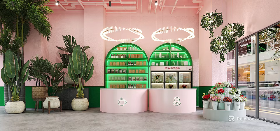 Pink Green Café Interior With Arch Display Shelves Neon Sign Bar Counter And Plants 3d model 