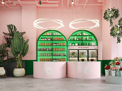 Pink Green Café Interior With Arch Display Shelves Neon Sign Bar Counter And Plants 3d model