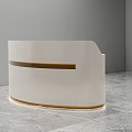 Sleek Modern Reception Desk With White Curved Design Brown Accent Strip On Gray Marble Floor