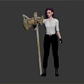 Game Movie Character With Purple Hair White Shirt Black Pants Holding Golden Axe And Device