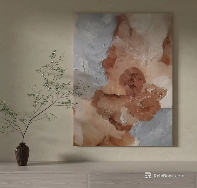 Abstract Artwork With Brown Beige Gray Tones And Green Branch In Vase On Wall 3d model 