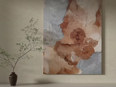Abstract Artwork With Brown Beige Gray Tones And Green Branch In Vase On Wall 3d model