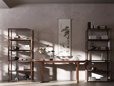 Traditional Chinese Entryway Interior With Wooden Entryway Cabinet Side Cabinet Scroll Painting And Tea Sets 3d model