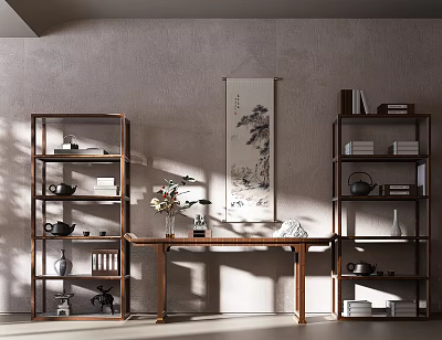 Traditional Chinese Entryway Interior With Wooden Entryway Cabinet Side Cabinet Scroll Painting And Tea Sets 3d model