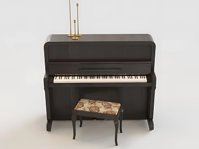 Black Piano With Golden Candlesticks And Patterned Stool For Musical Instrument 3d model