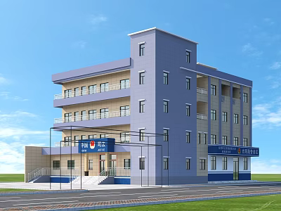 Multi Storey Office Building With Blue Gray Exterior Signage Windows Lawn And Road 3d model