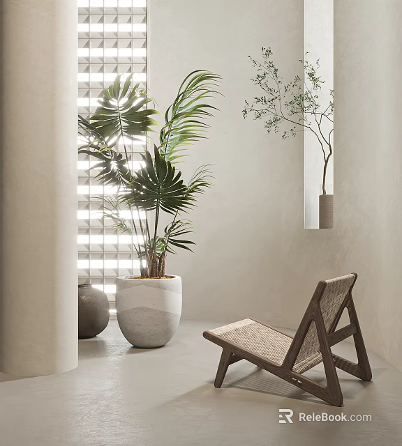 Potted Plants In Modern Interior With White Planter Window Blinds Gray Container And Woven Chair 3d model 