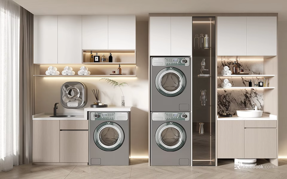 Modern Bathroom Cabinet Rack In Laundry Area With Washing Machine Dryer And Storage Cabinets 3d model 