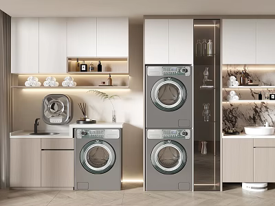 Modern Bathroom Cabinet Rack In Laundry Area With Washing Machine Dryer And Storage Cabinets 3d model