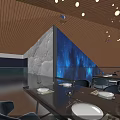 Modern Restaurant Interior Design With Chandelier Lighting Blue Accent Wall And Round Tables