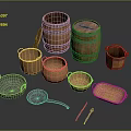 Rustic Decorative Ornament Set With Wooden Barrels Wicker Baskets And Metal Utensils