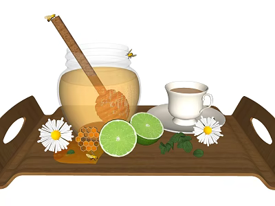 Wooden Tray With Fresh Honey Cup Of Tea Sliced Lime Chamomile Flowers And Mint Leaves 3d model