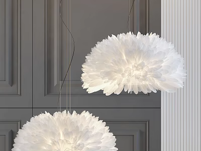 White Feather Shaped Pendant Lights Against Dark Gray Cabinet Background with Soft Glow 3d model