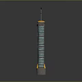 Cartoon Scene with Colorful Tower Yellow Brown Stripes Antennas Top Blue Rectangular Middle Circular Bottom