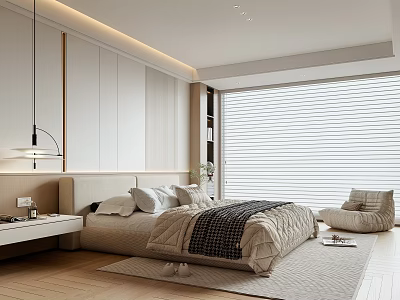 Modern Minimalist Bedroom Interior With Wooden Floor Bed And Window Blinds 3d model