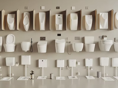 Modern Bathroom Showroom Display With Various Urinal Designs And Toilet Fixtures 3d model
