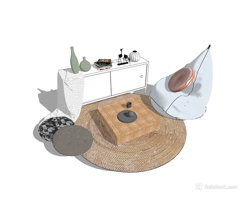 Cozy Bean Bag Chair Interior With Round Woven Rug Wooden Coffee Table And Decorative Vases 3d model 