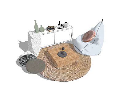 Cozy Bean Bag Chair Interior With Round Woven Rug Wooden Coffee Table And Decorative Vases 3d model