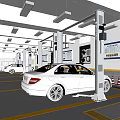 4S Car Dealership Service Workshop With Car Lift White Vehicle And Yellow Floor Markings