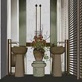 Elegant Bathroom Vanity With Double Round Sinks Gold Faucets Green Plant And Textured Wall