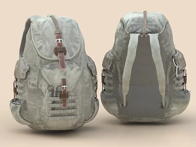 Vintage Style Backpack With Leather Straps And Pockets 3d model