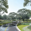 Natural Scenic Wall Landscape Design With Green Trees Curved Road And Lush Lawn