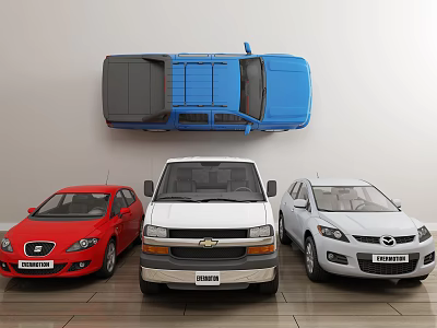 Blue Car Mounted on Wall with Red Sedan White Van and White Cars in Showroom 3d model