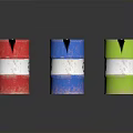 Colorful Oil Drums With Red Blue Green Hues White Stripes And Black Triangle Symbols