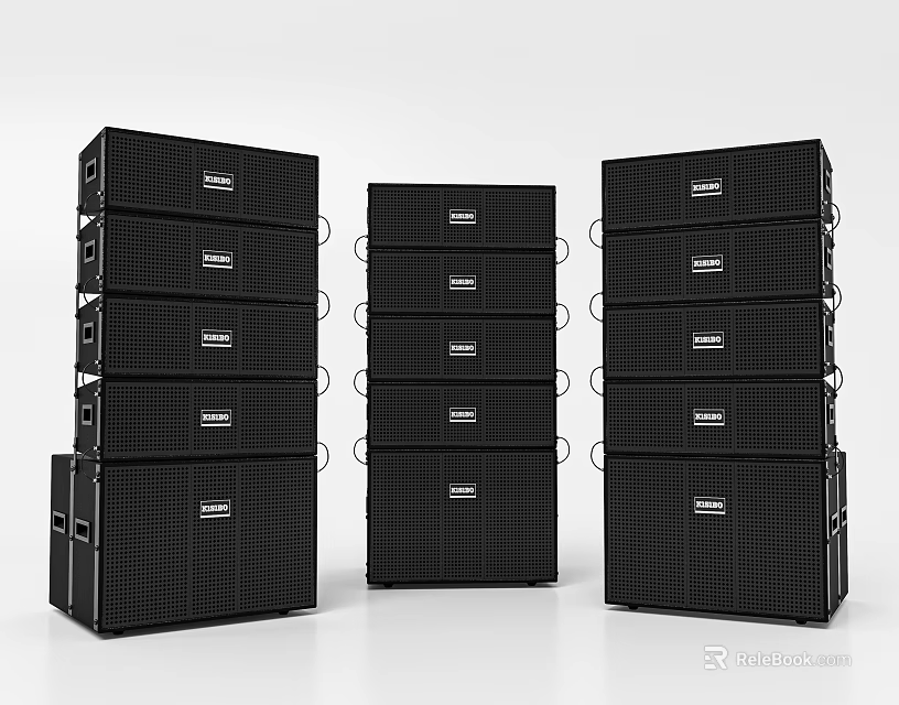 Black Professional Audio Speakers Stacked In Three Sets With Brand Logos 3d model 