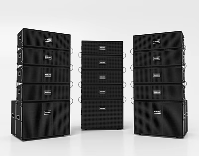 Black Professional Audio Speakers Stacked In Three Sets With Brand Logos 3d model