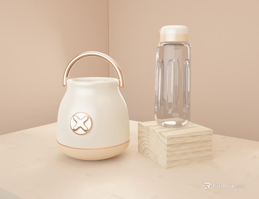 White Copper Handle Thermos And Transparent Glass Cup On Light Colored Table With Wooden Block 3d model 