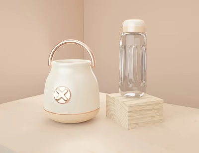 White Copper Handle Thermos And Transparent Glass Cup On Light Colored Table With Wooden Block 3d model