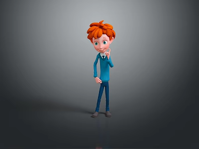 Cartoon Man With Red Hair In Blue Shirt And Blue Pants Standing On Grey Background 3d model