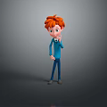 Cartoon Man With Red Hair In Blue Shirt And Blue Pants Standing On Grey Background