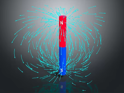 Decorative Ornament Set With Red Blue Column North South Poles And Blue Magnetic Lines 3d model