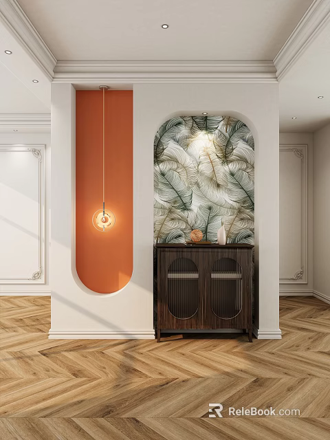 Modern Entryway Interior With Arched Leaf Wallpaper Pendant Light And Dark Wooden Cabinet 3d model 