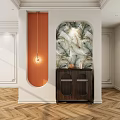 Modern Entryway Interior With Arched Leaf Wallpaper Pendant Light And Dark Wooden Cabinet