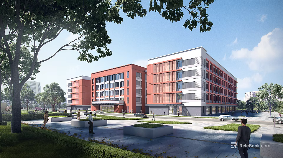 Modern School Buildings With Red Brick And White Facade Greenery Plaza And Pedestrians 3d model 