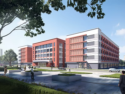 Modern School Buildings With Red Brick And White Facade Greenery Plaza And Pedestrians 3d model