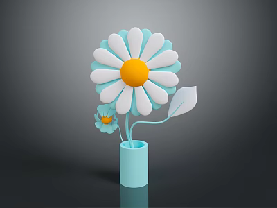 White and Light Blue Petal Flower with Yellow Center and Leaf in Light Blue Vase 3d model