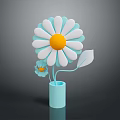 White and Light Blue Petal Flower with Yellow Center and Leaf in Light Blue Vase