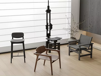 Single Chairs In Modern Interior With Black Bar Stool Brown Gray Armchairs Wooden Floor White Blinds 3d model